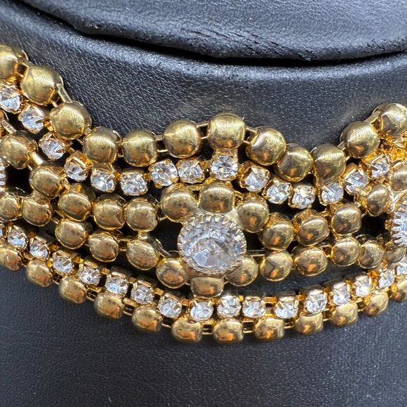 Clear Rhinestone Crystal Beaded Collar Choker Necklace Gold Tone Evening - Picture 3 of 7